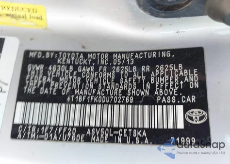 2013 Toyota Camry Se z USA, uszkodzony, nr VIN 4T1BF1FK0DU702769